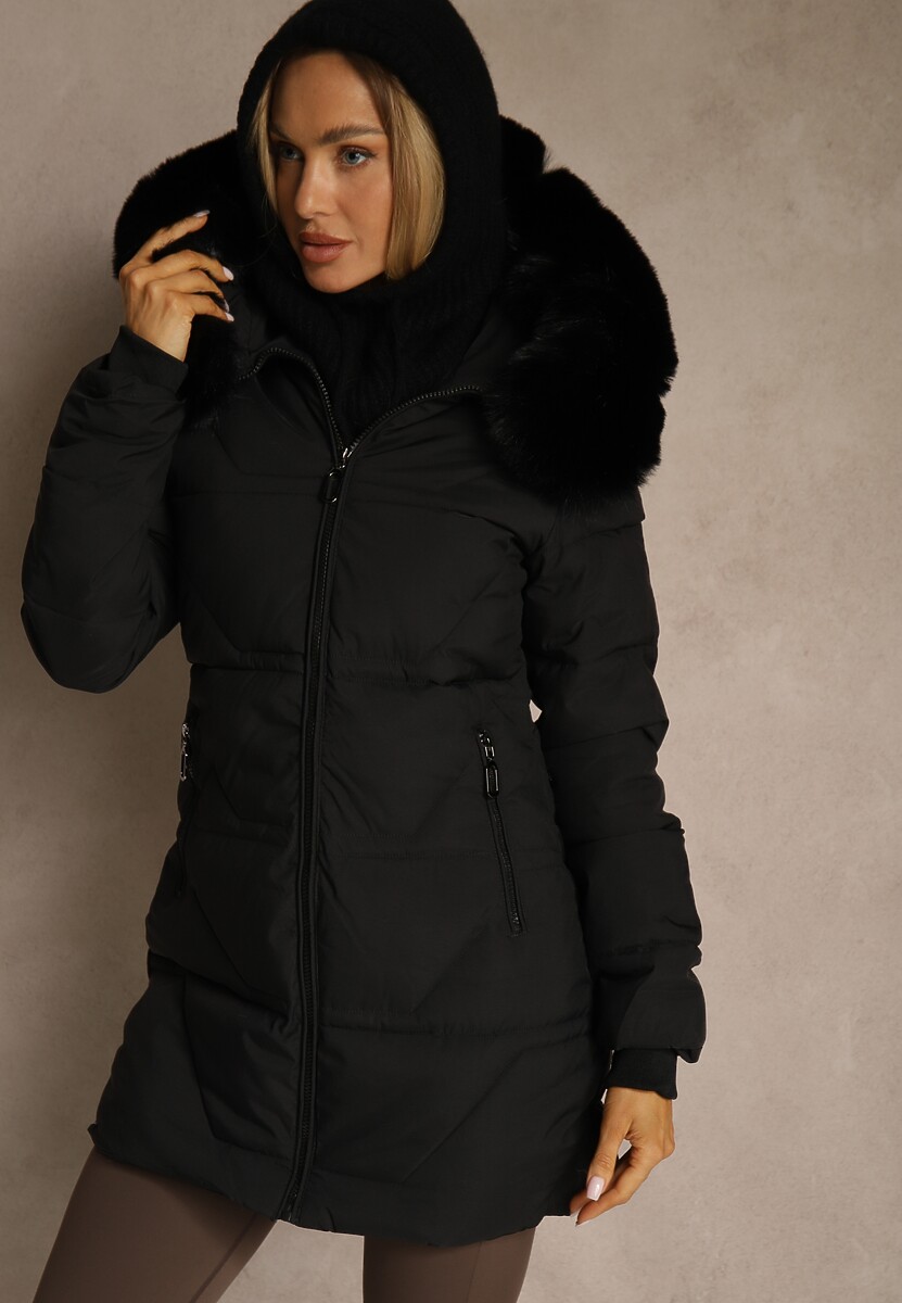 Czarna Pikowana Kurtka z Kapturem i Ozdobnym Futerkiem Zepiola