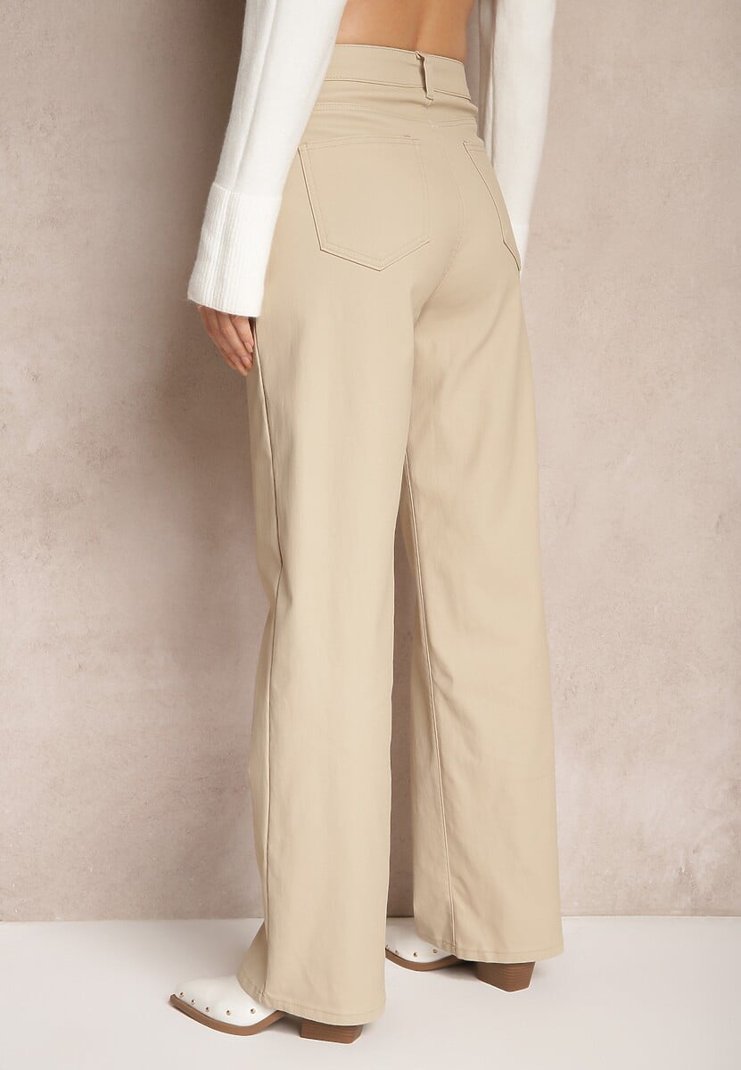Beżowe Spodnie Woskowane o Szerokim Kroju High Waist Sezila