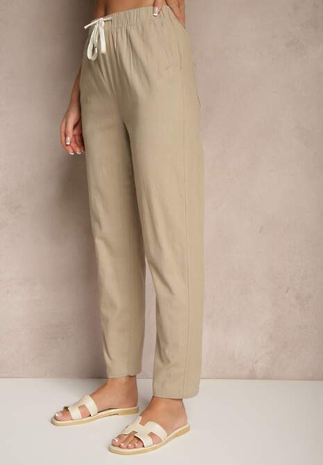 Ciemnobeżowe Bawełniane Spodnie ze Sznurkami Fenarlia