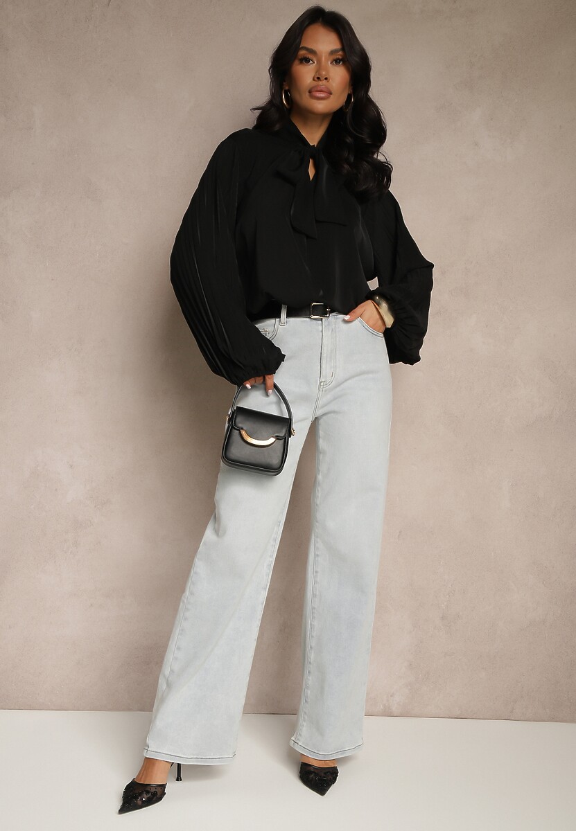 Czarna Bluzka Ozdobiona Wiązaniem i Plisowanymi Rękawami Jenowena