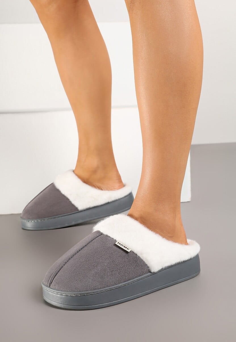 Szare Klasyczne Kapcie Vices z Ozdobnym Futrem Eleahilde