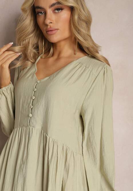 Zielona Rozkloszowana Sukienka Pudełkowa Maxi z Ozdobnymi Guzikami Nervatti