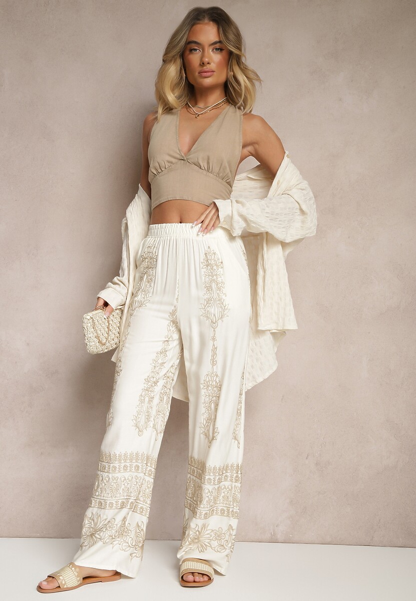 Czarne Szerokie Spodnie z Lnem i Bawełną High Waist z Haftem i Metaliczną Nicią Serilia