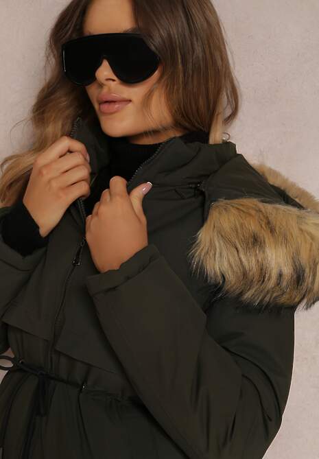 Ciemnozielona Kurtka Parka z Kapturem z Futerkiem Bimi