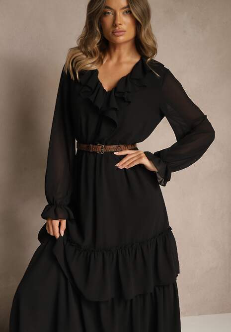 Czarna Rozkloszowana Sukienka VICES z Falbanami i Transparentnymi Rękawami Aruvite