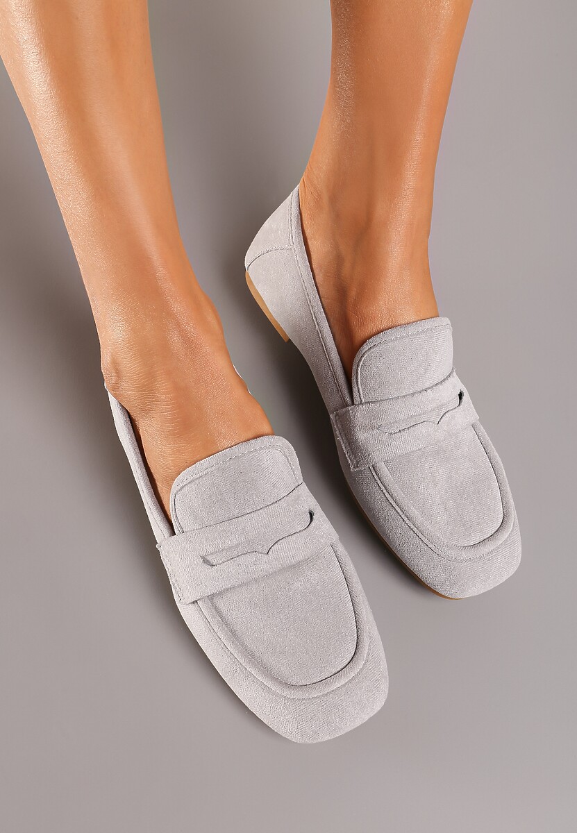 Szare Casualowe Wsuwane Mokasyny na Płaskiej Podeszwie z Ozdobnym Elementem na Przodzie Janesstia