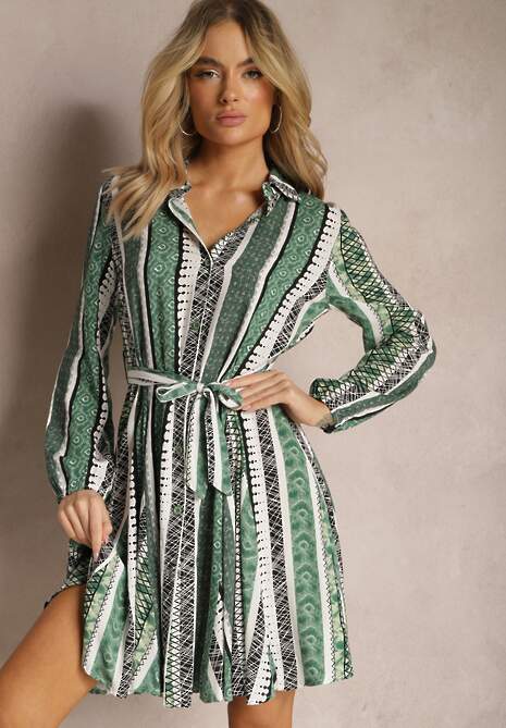 Zielona Wiskozowa Sukienka Koszulowa z Paskiem w Talii Rozkloszowana Urdiasa