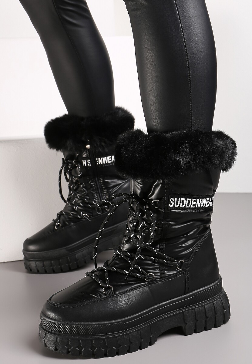 Czarne Śniegowce na Grubej Podeszwie z Futerkiem i Nadrukiem Juewa