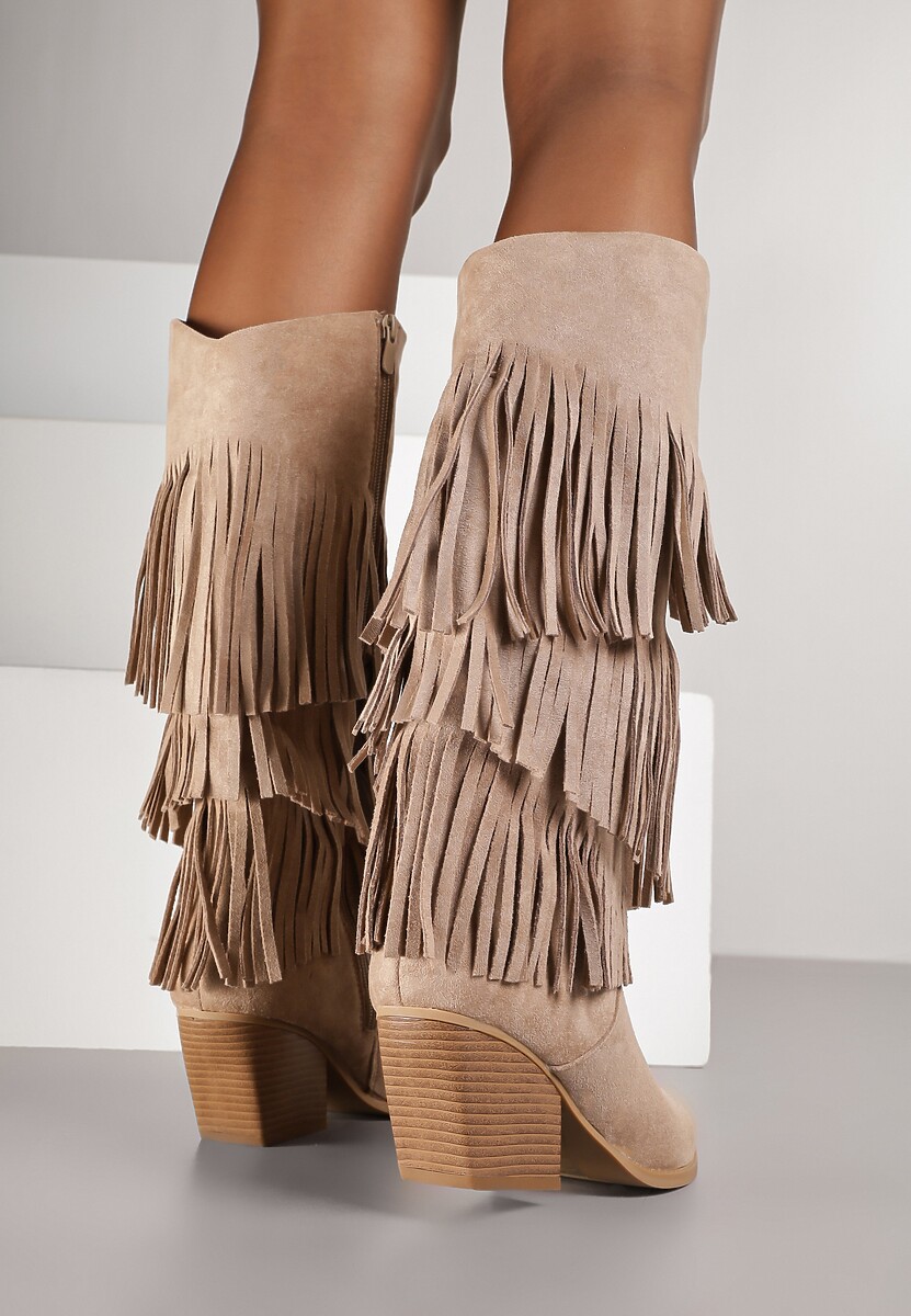 Ciemnobeżowe Kozaki Kowbojki na Stożku Ozdobione Frędzlami Giolanda