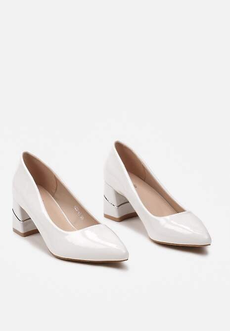 Białe Wsuwane Czółenka z Lakierowanej Ekoskóry na Słupku z Aplikacją Aalavira