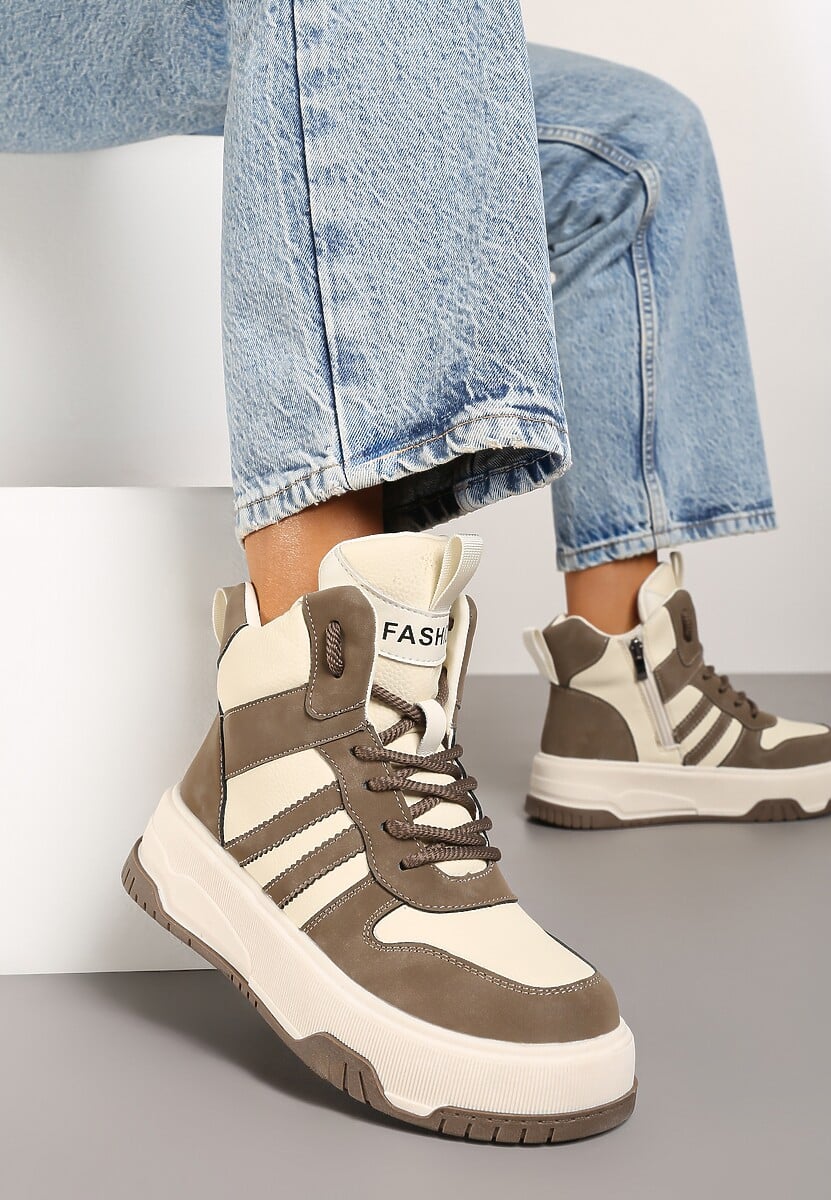 Beżowo-Brązowe Sneakersy na Płaskiej Podeszwie z Wysoką Cholewką w Paski z Ociepleniem Noradwen