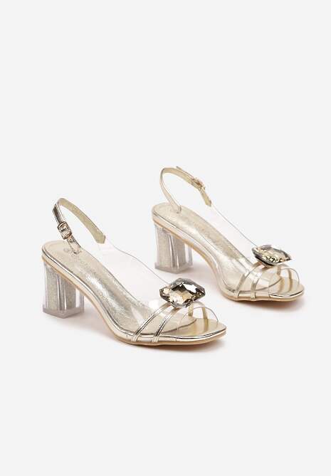 Złote Sandały Transparentne na Obcasie ze Skórzaną Wkładką i Aplikacją Ilisana