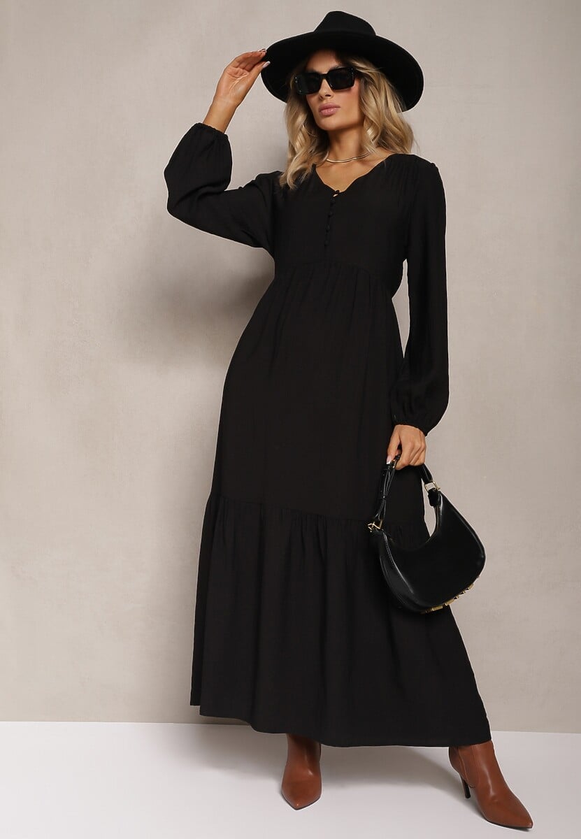 Czarna Rozkloszowana Sukienka Pudełkowa Maxi z Ozdobnymi Guzikami Nervatti