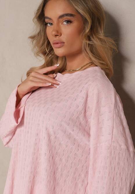 Różowy Komplet ze Spodniami o Szerokim Kroju i Bluzką z Długim Rękawem Caniffia