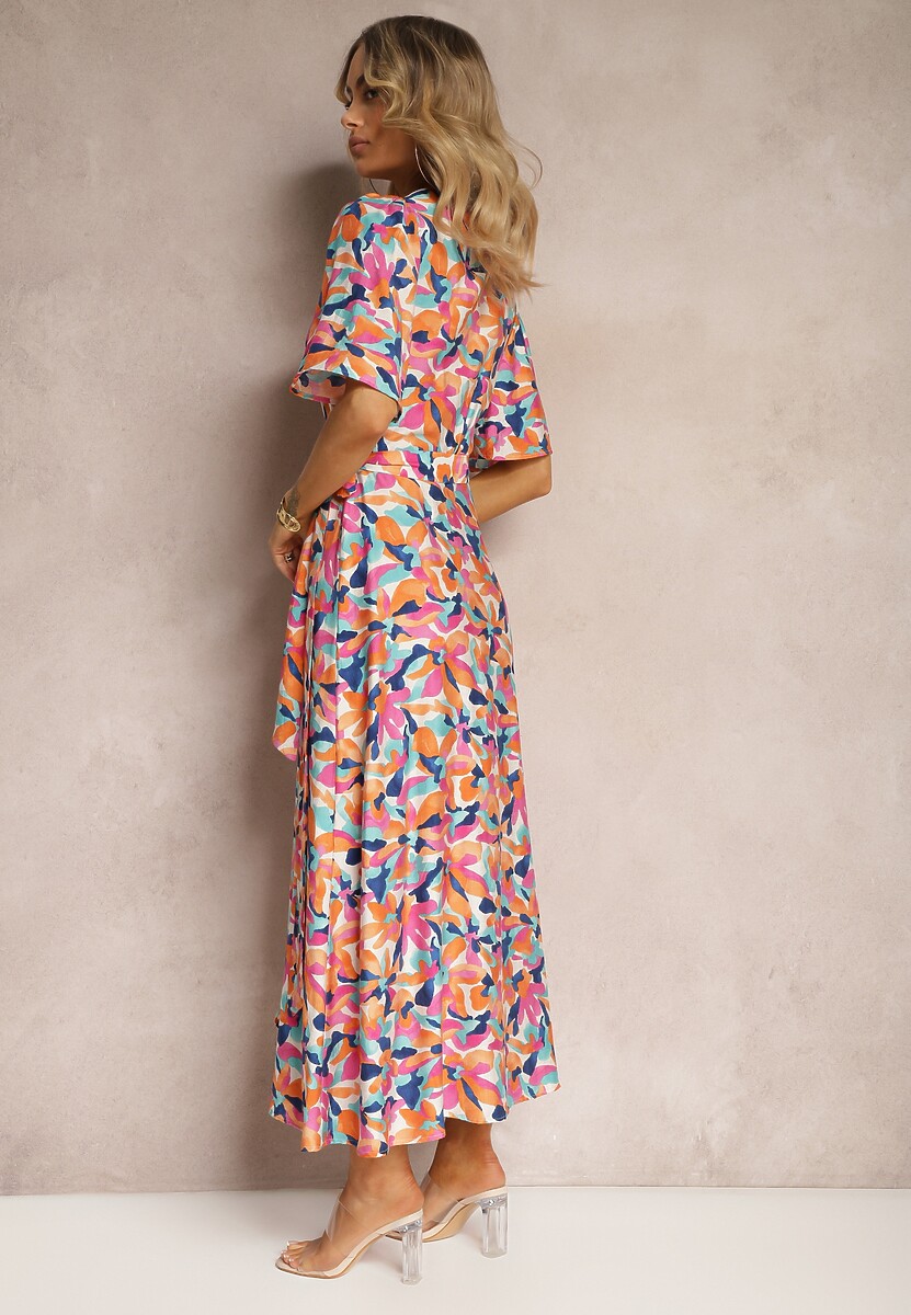 Beżowo-Różowa Sukienka z Kopertowym Dekoltem i Materiałowym Paskiem w Kwiaty Tulpia