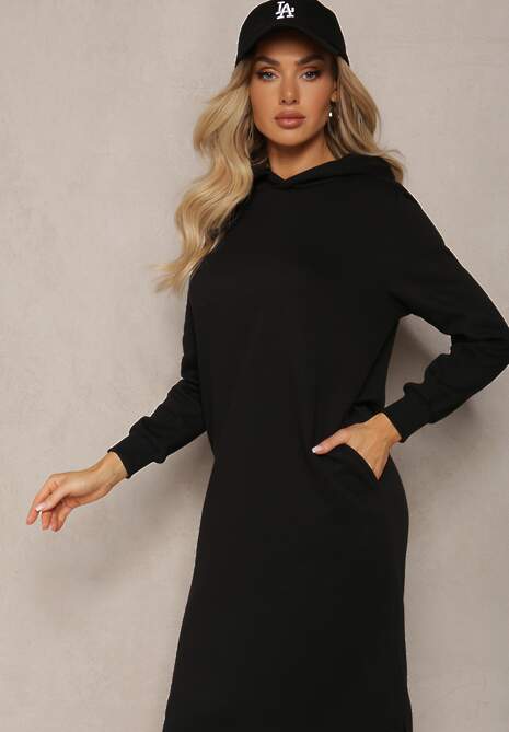 Czarna Sukienka Dresowa Oversize z Kapturem Elderre