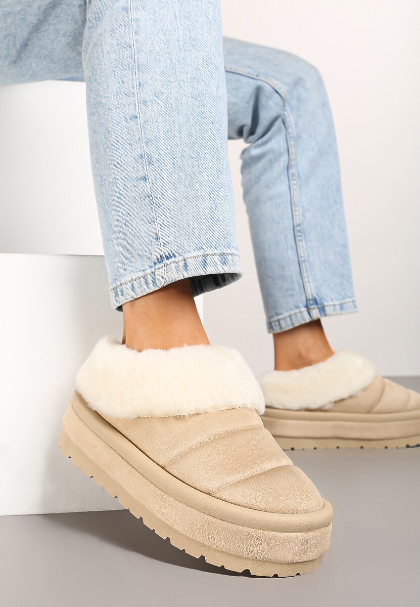 Beżowe Niskie Śniegowce Ekozamszowe na Platformie z Pikowaniem i Futerkiem Realira