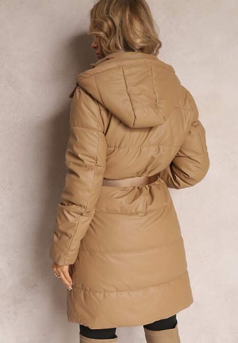 Beżowa Długa Kurtka z Paskiem Płaszcz z Okrągłą Saszetką w Komplecie Nabili