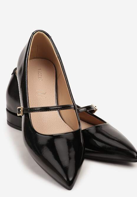 Czarne Balerinki Lakierowane Vices z Wkładką ze Skóry Naturalnej Ozdobione Paskiem Tikkie