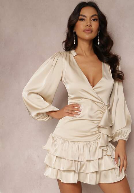 Beżowa Sukienka Mini z Kopertowym Dekoltem i Falbankami Onnas