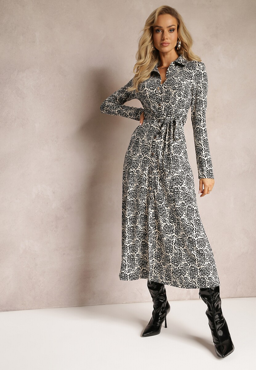 Czarna Koszulowa Sukienka w Ornamentalny Wzór Wiązana w Pasie Hanname