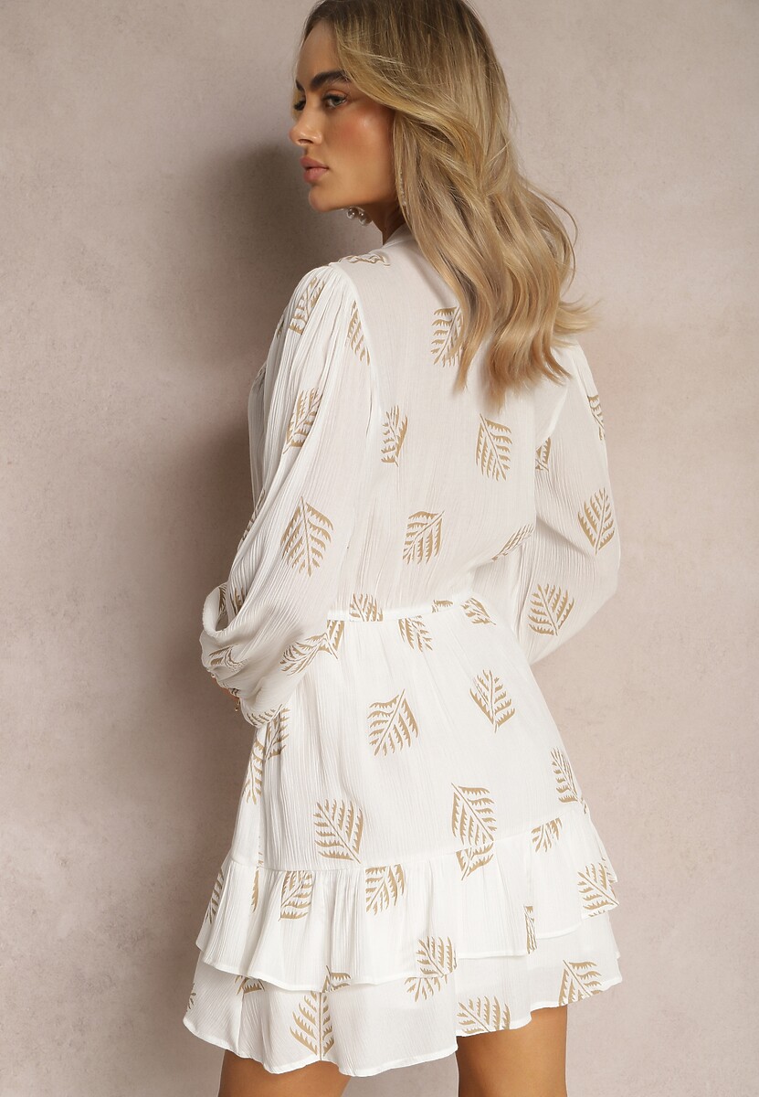 Biała Sukienka Mini w Liście o Rozkloszowanym Kroju z Falbanką Lairee