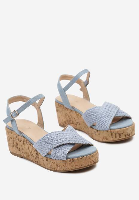 Niebieskie Sandały na Korkowej Platformie i Koturnie z Ozdobnym Warkoczem i Sprzączką Hafassa