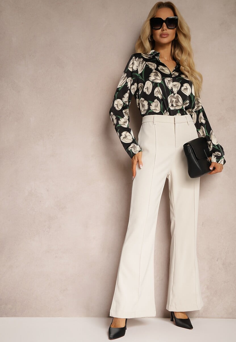 Beżowe Casualowe Spodnie w Stylu Dzwonów High Waist Uinna