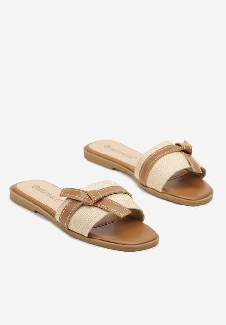 Brązowo-Beżowe Klapki Ozdobione Plecionką i Supełkiem Polselia