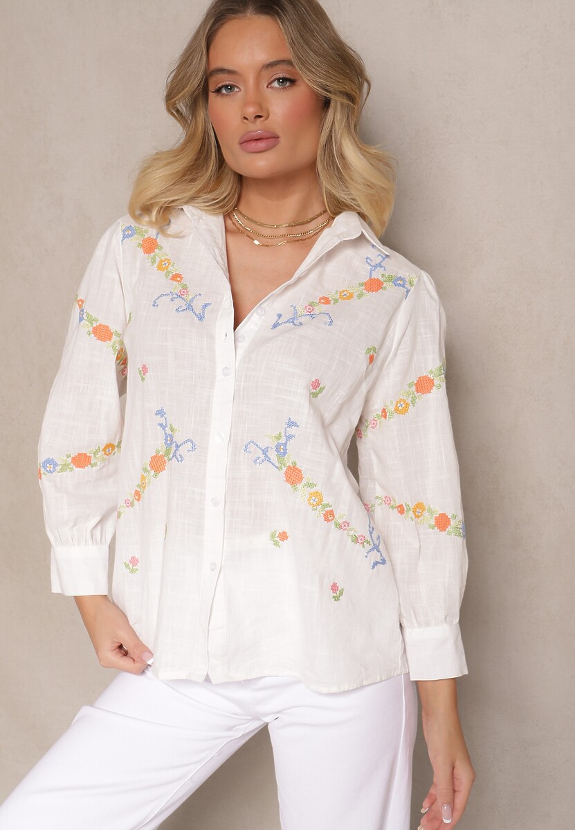 Biała Bawełniana Koszula z Haftem i Regulacją przy Rękawach Donithia