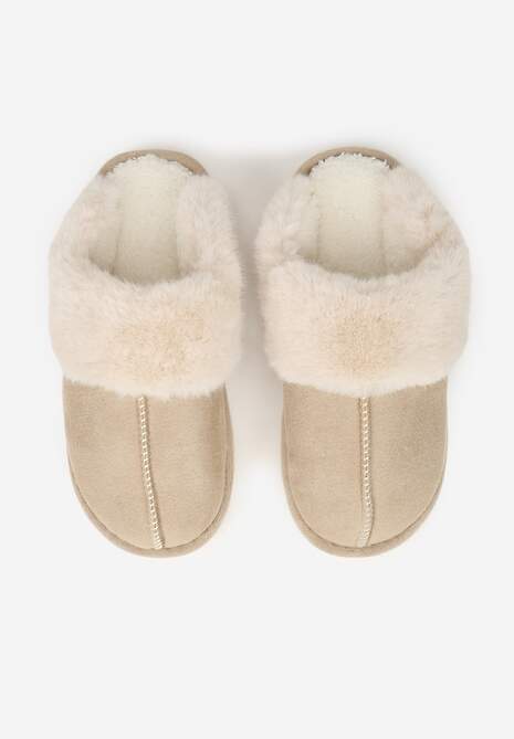 Ciemnobeżowe Wsuwane Kapcie Ozdobione Futerkiem i Przeszyciami Almane