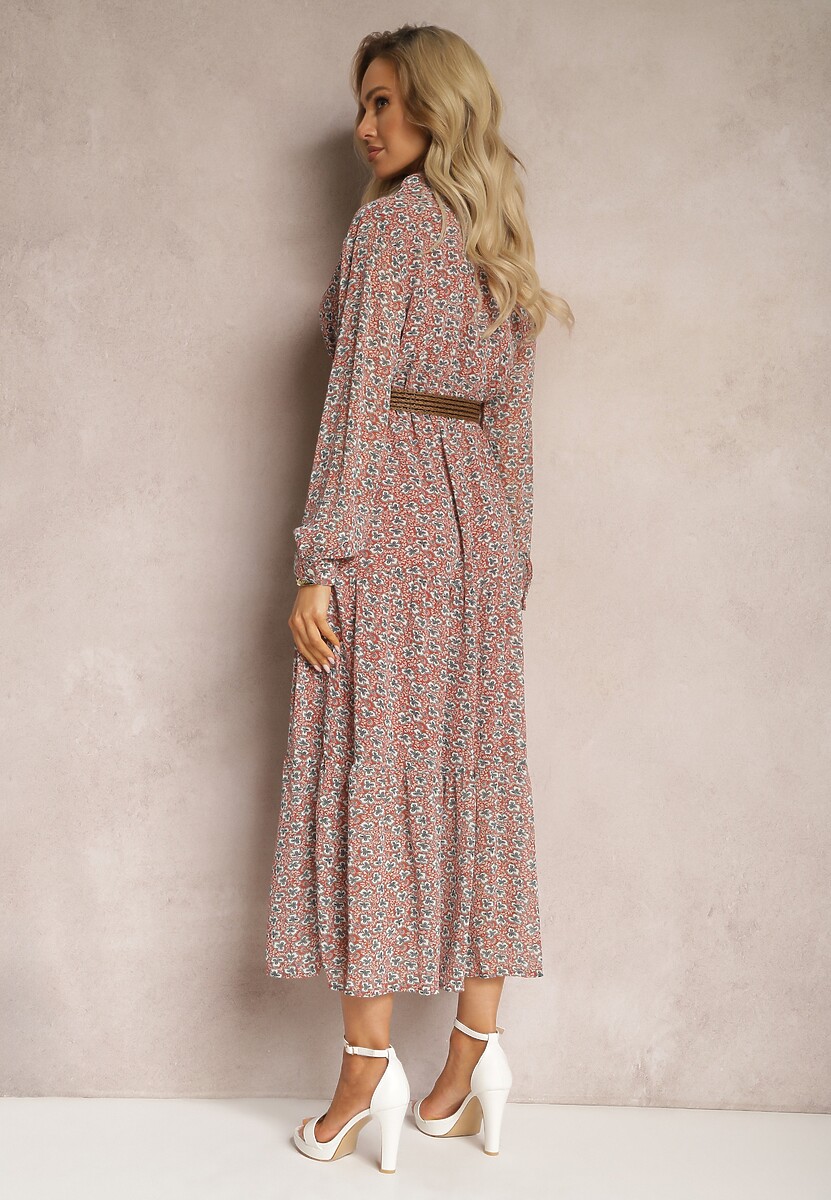 Różowa Sukienka Rozkloszowana w Kwiaty z Paskiem Rakhila