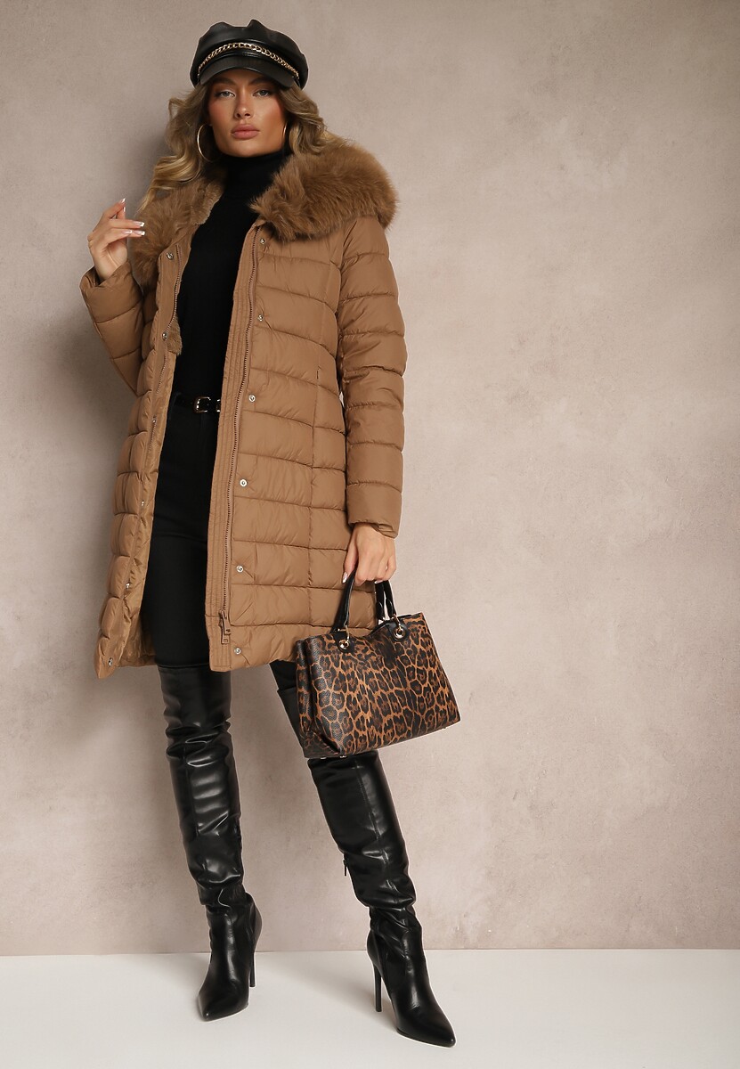 Brązowa Kurtka Pikowana Wiązana w Talii z Futerkiem Odpinanym na Kapturze Firinka