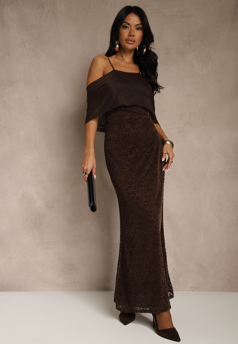 Brązowa Sukienka o Asymetrycznym Kroju Ozdobiona Falbaną Owedia