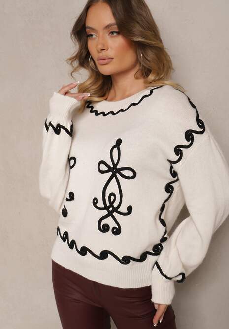 Jasnobeżowy Sweter z Wiskozą i Geometrycznym Wzorem Senallin
