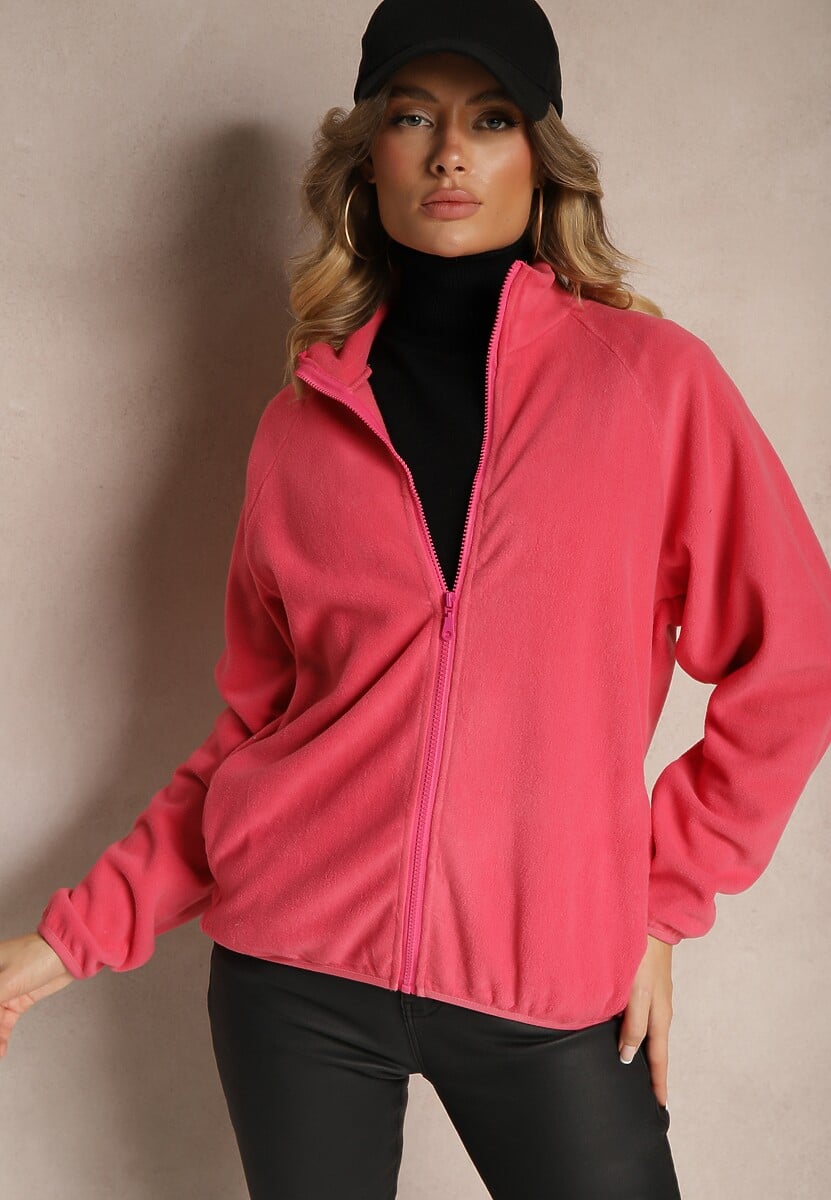 Beżowa Bluza Polar z Zapięciem na Suwak Kieszeniami i Stójką Esandria