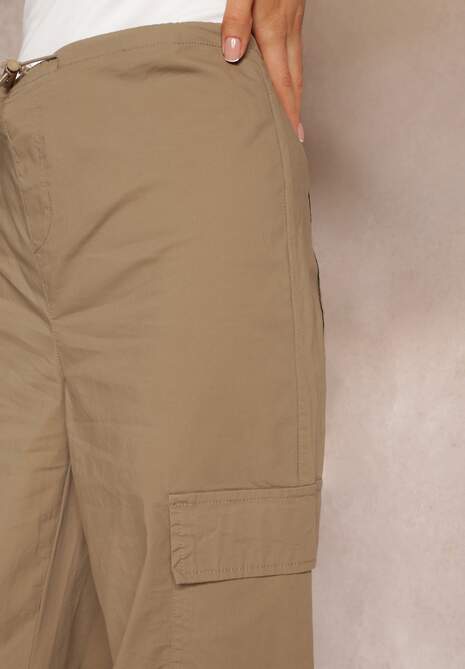 Ciemnobeżowe Szerokie Spodnie Cargo z Gumką w Talii Livlia