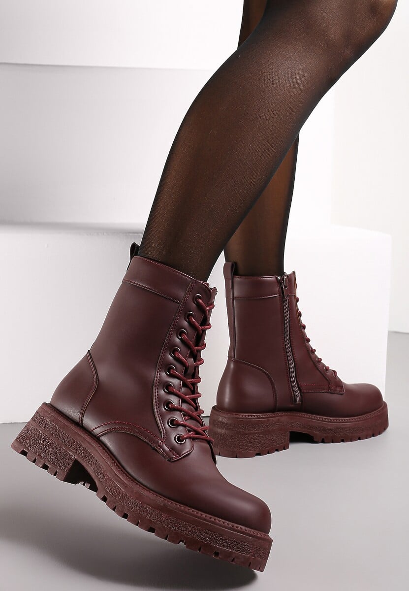 Bordowe Sznurowane Botki na Grubej Podeszwie Attira