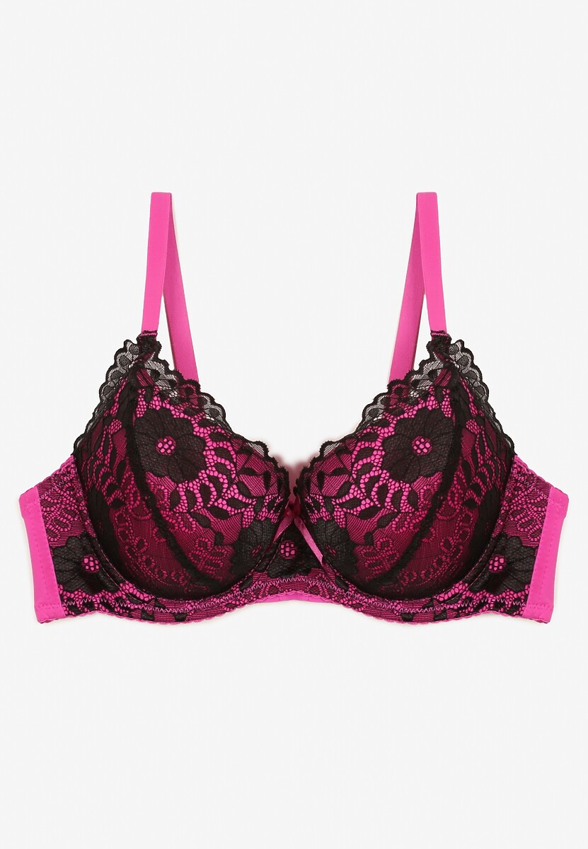 Czarno-Fuksjowy Koronkowy Biustonosz Full Cup Lanomira