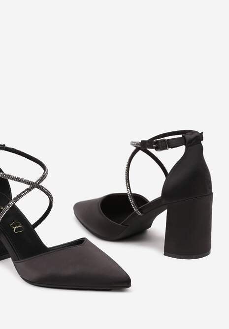 Czarne Satynowe Czółenka Vices z Cyrkoniami i Wkładką ze Skóry Naturalnej Resiyana
