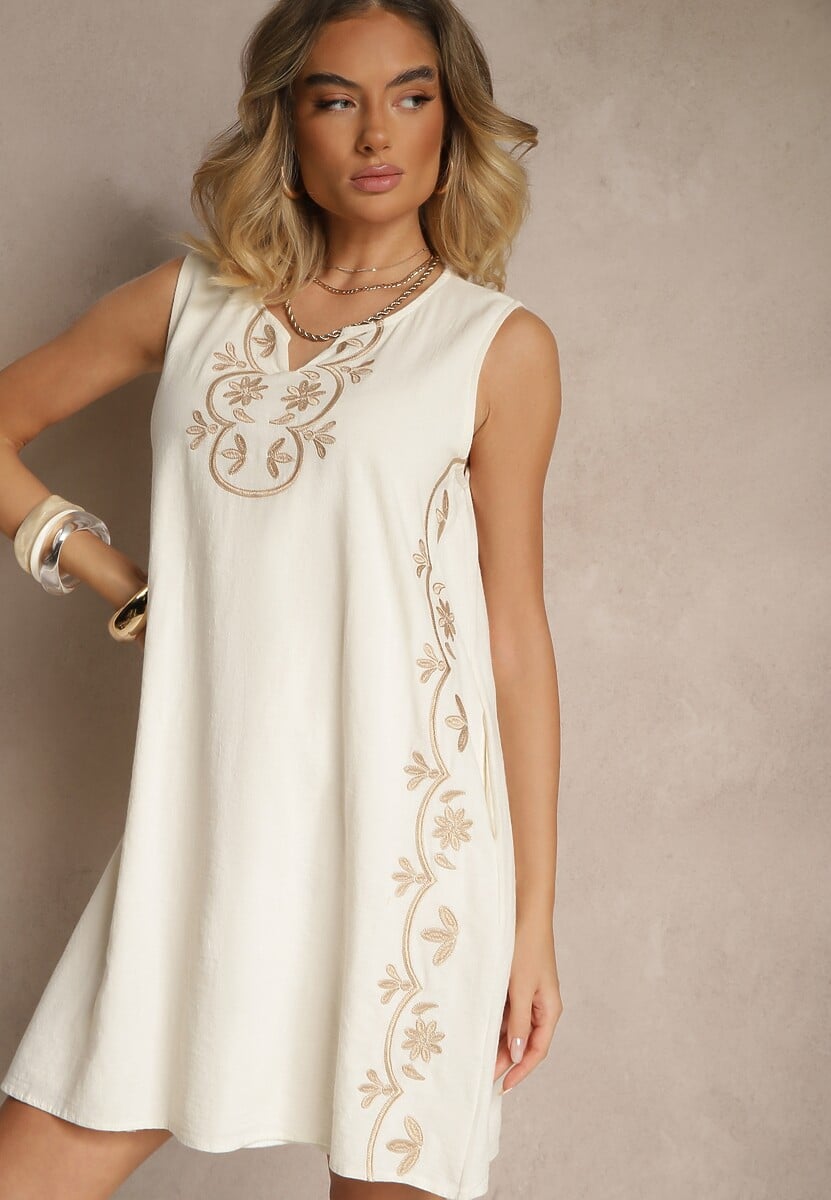 Biała Sukienka z Bawełny z Ozdobnym Haftem Sellive