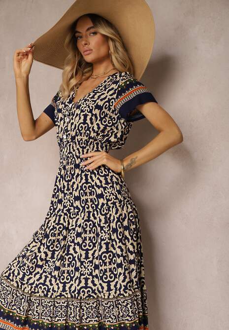 Granatowa  Sukienka z Bawełny z Trójkątnym Dekoltem i Gumką w Talii Zapinana na Guziki Lavlea