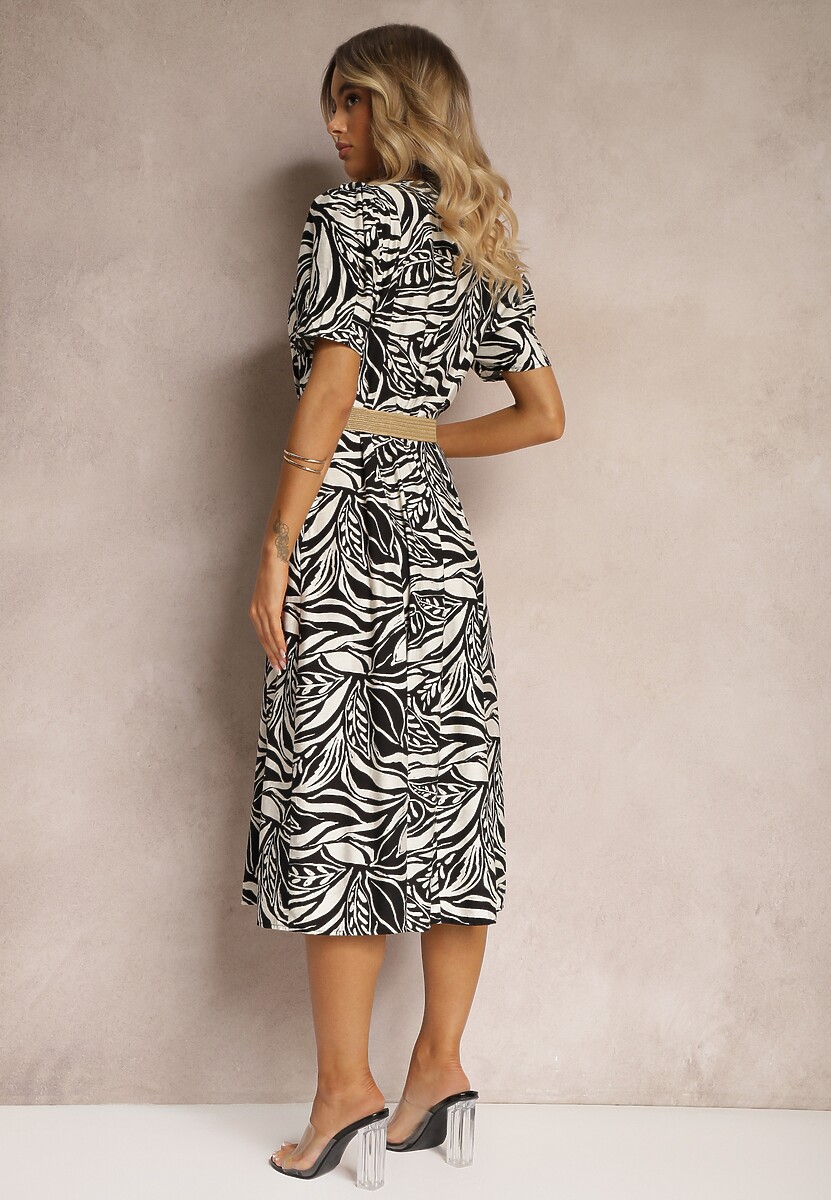 Czarno-Biała Koszulowa Sukienka z Bufiastymi Rękawami i Plecionym Paskiem w Talii Aslatia