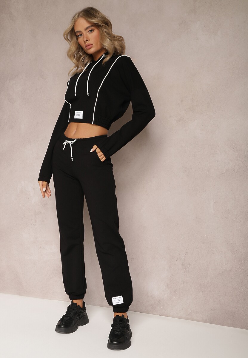 Czarny Dzianinowy Komplet Dresowy z Bawełny z Naszywkami Akbutol