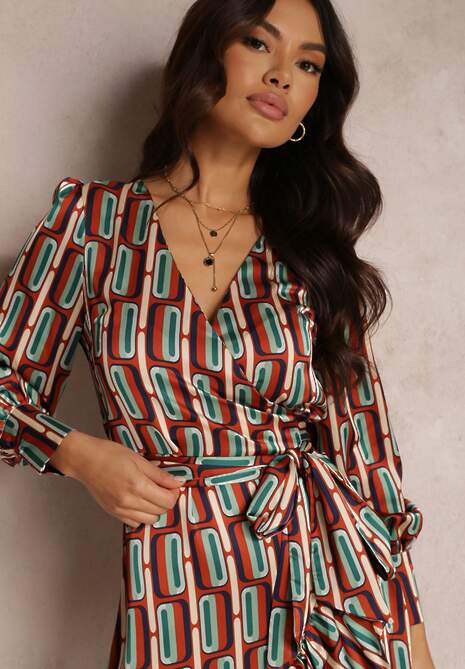 Brązowa Sukienka Kopertowa w Geometryczny Wzór Rangi