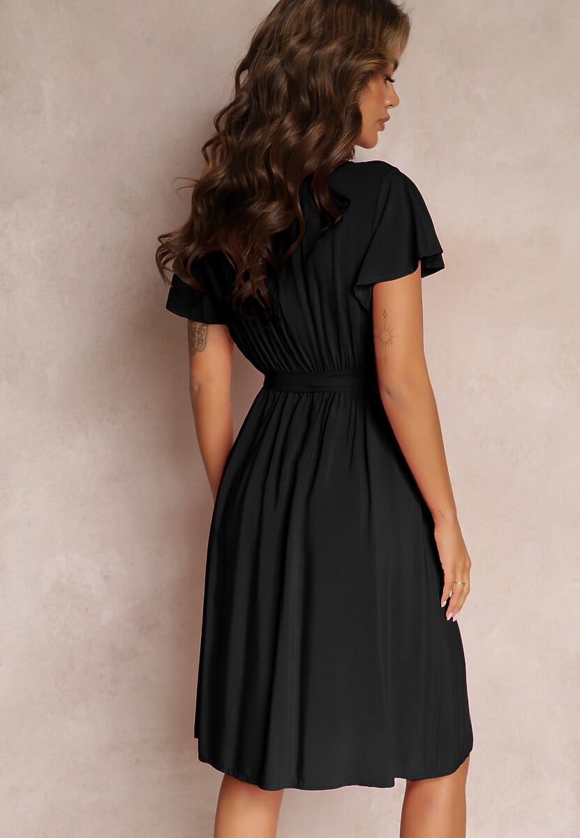 Czarna Rozkloszowana Sukienka Midi z Wiązanym Paskiem Elemia