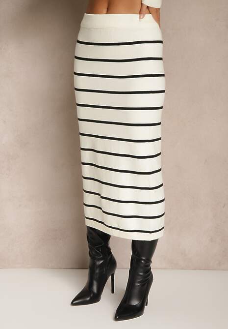 Jasnobeżowy Komplet z Wiskozą Spódnica i Bluzka z Guzikami Ozdobione Paskami Forrive