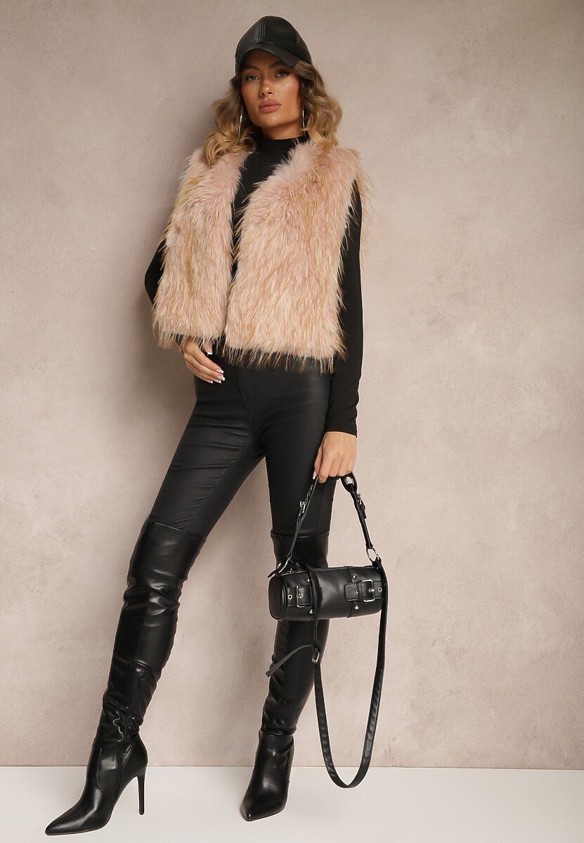 Beżowa Niezapinana Kamizelka Futerko Heleeti