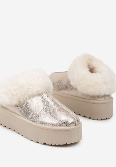 Złote Krótkie Śniegowce Wsuwane na Grubej Podeszwie Ozdobione Futerkiem Azida