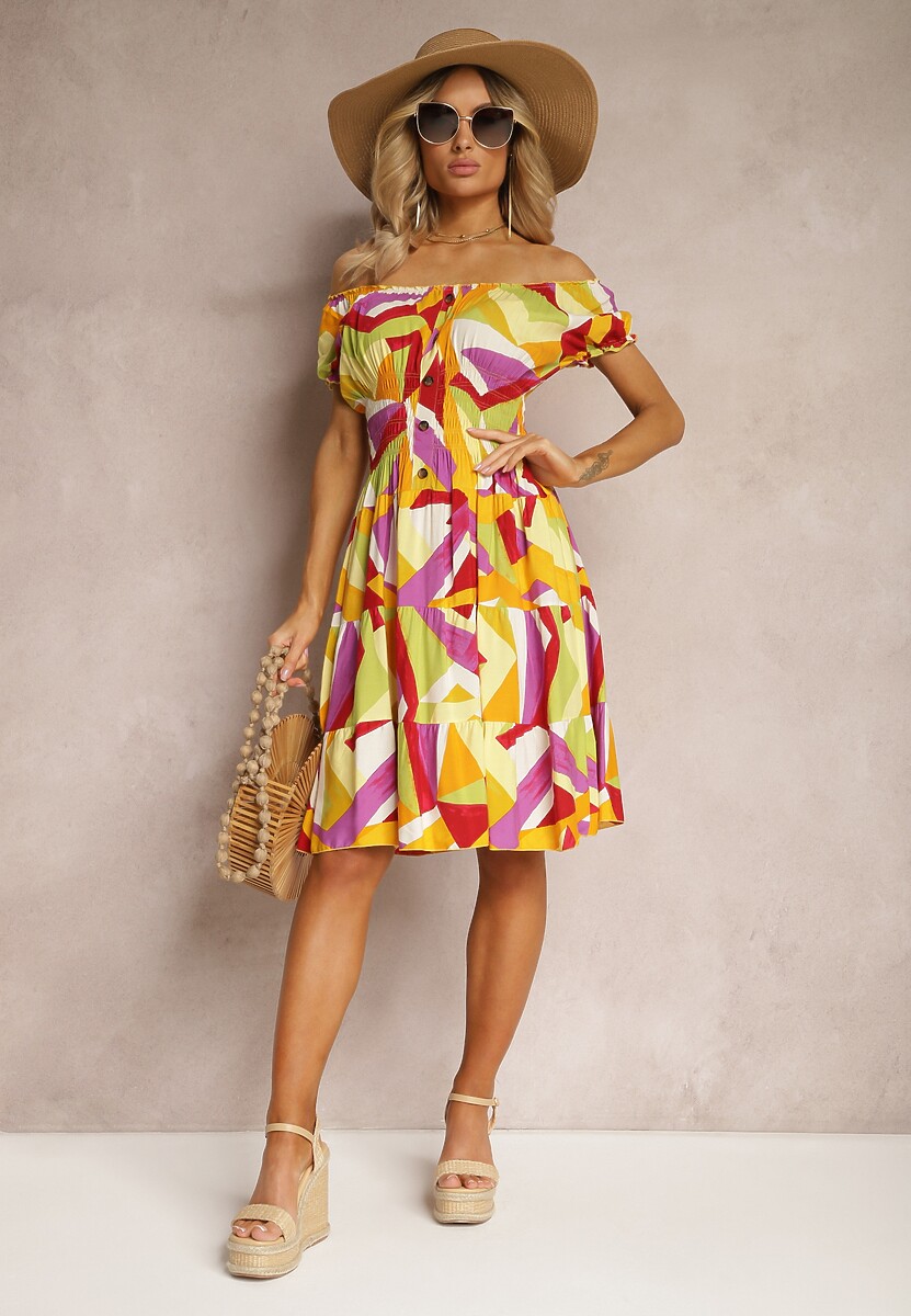 Żółto-Różowa Sukienka z Wiskozy o Rozkloszowanym Kroju z Gumką w Talii i Ozdobnymi Guzikami Moonxeena